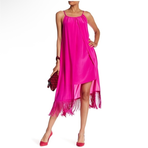 Trina Turk Kearney Silk Hi-Low Fringe Midi Dress in Navy Blue - Picture 2 of 9